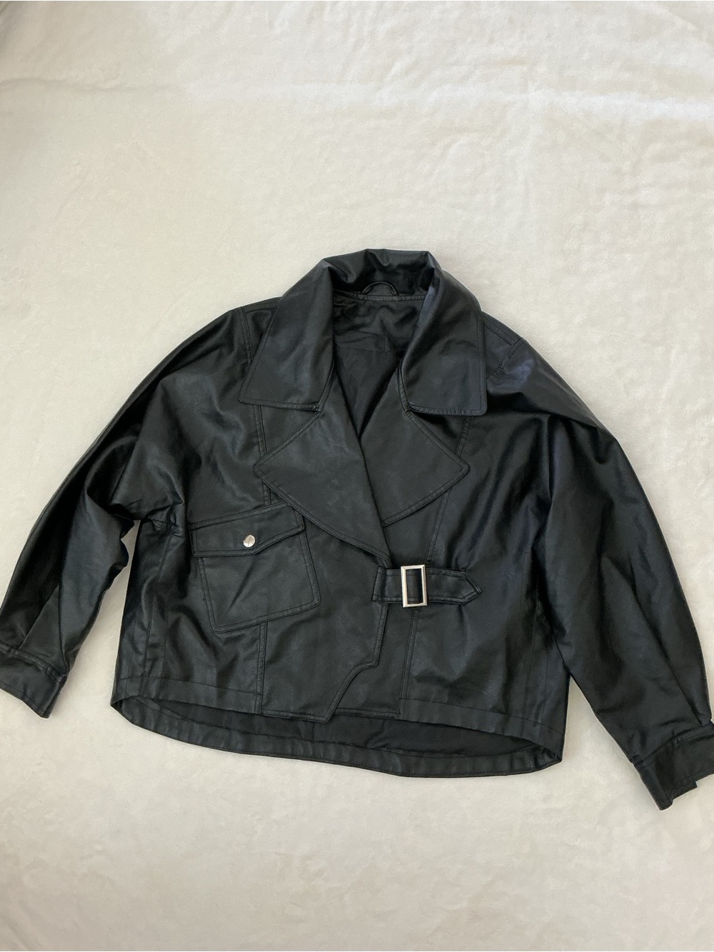 D&M Black Faux Leather Moto Jacket Women's XL Oversized Belted